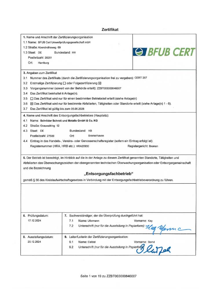 Zertifikat Schröder Schrott & Metalle GmbH & Co. KG BFUB Entsorgungsfachbetrieb